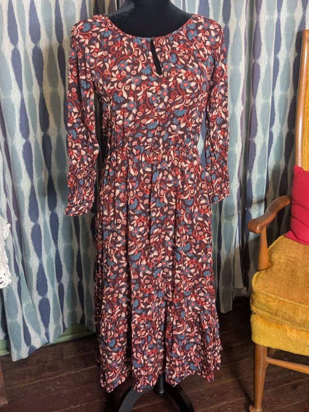 Old Navy Floral Boho Midi Dress Long Sleeve Smocked Waist Size Small